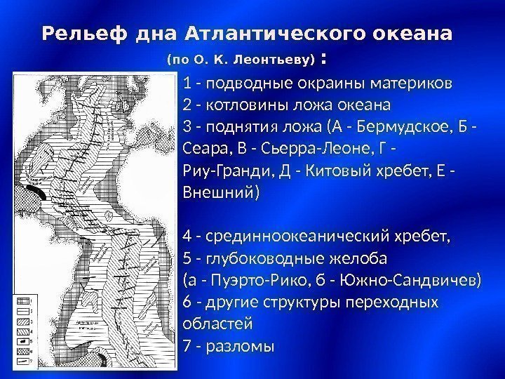 Рельеф дна Атлантического океана (по О. К. Леонтьеву) :  1 - подводные окраины