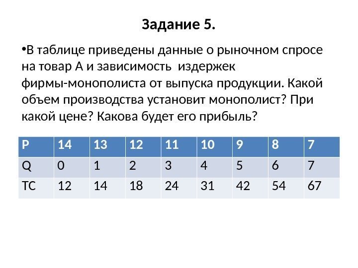 Задание 5.  • В таблице приведены данные о рыночном  спросе на товар