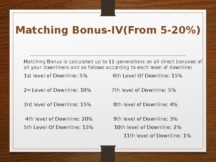 Matching Bonus is calculated up to 11 generations on all direct bonuses of all