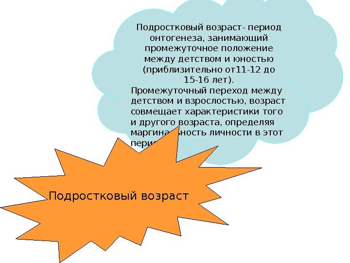 Подростковый возраст- период онтогенеза, занимающий промежуточное положение между детством и юностью (приблизительно от11 -12