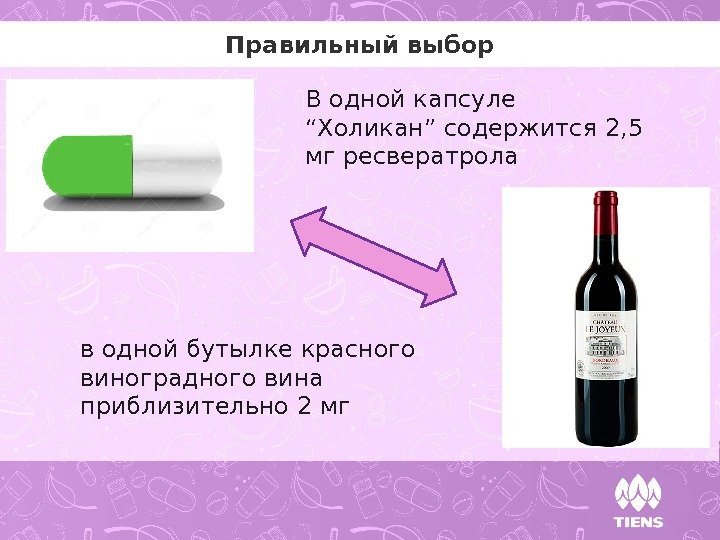 Правильный выбор в одной бутылке красного виноградного вина приблизительно 2 мг В одной капсуле