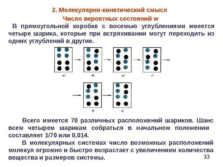 33 Число вероятных состояний w В прямоугольной коробке с восемью углублениями имеется четыре шарика,