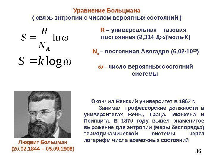 36 Людвиг Больцман (20. 02. 1844 – 05. 09. 1906)  Окончил Венский университет