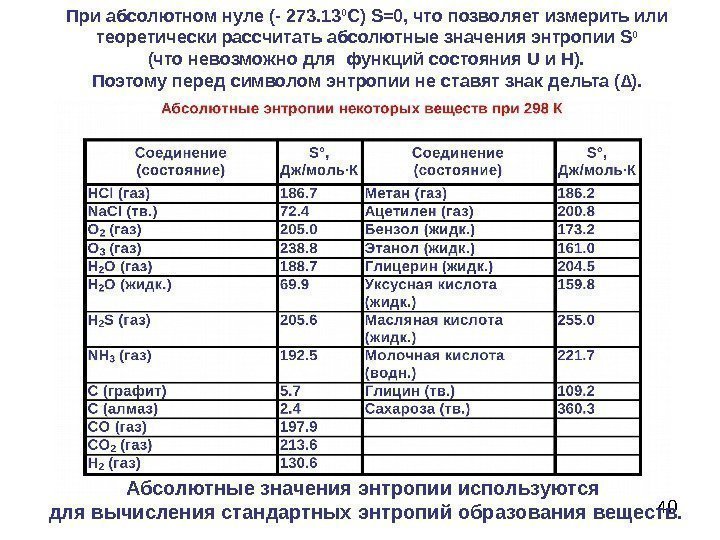 40 При абсолютном нуле (- 273. 13 0 С) S =0, что позволяет измерить