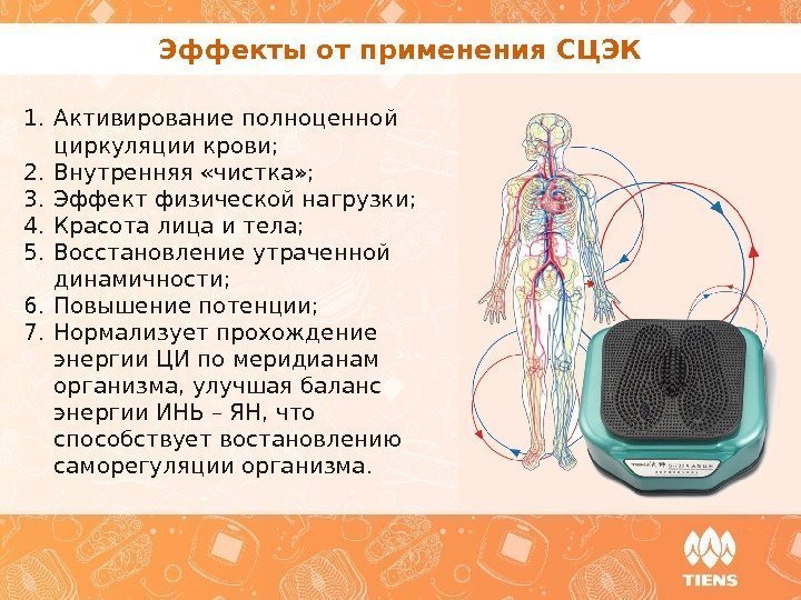 Эффекты от применения СЦЭК 1. Активирование полноценной циркуляции крови; 2. Внутренняя «чистка» ; 3.