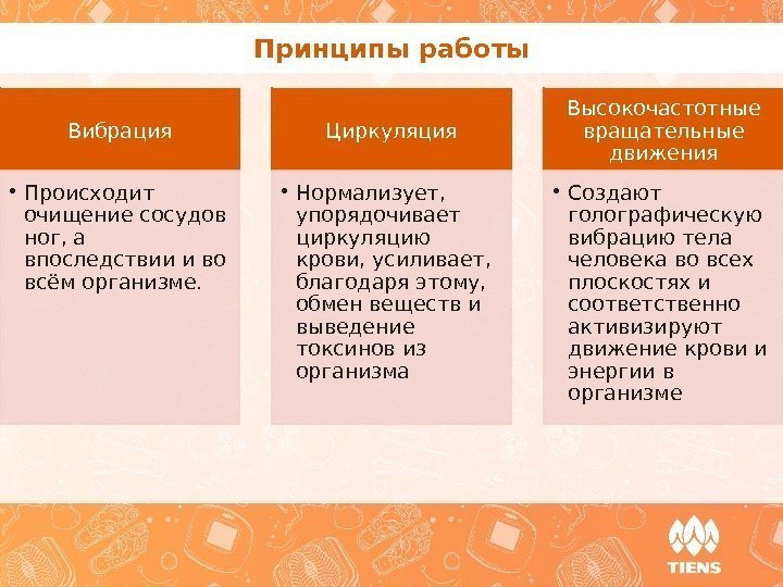 Принципы работы Вибрация • Происходит очищение сосудов ног, а впоследствии и во всём организме.