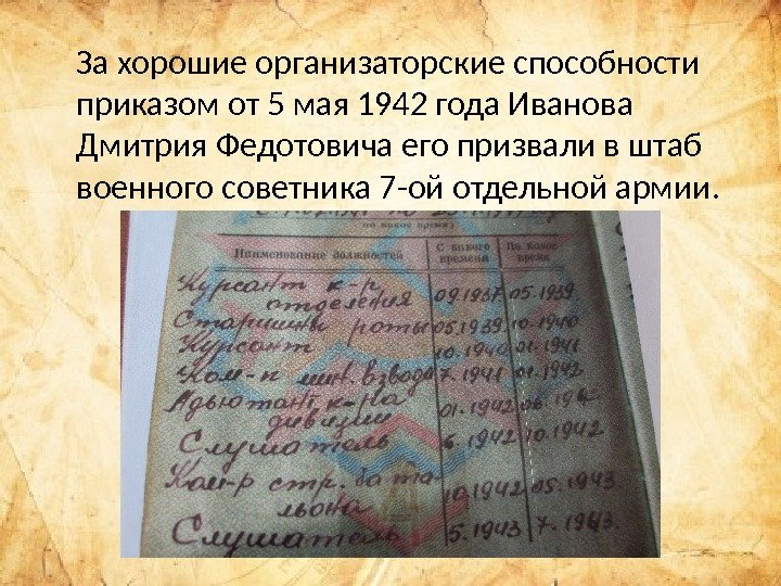 За хорошие организаторские способности приказом от 5 мая 1942 года Иванова Дмитрия Федотовича его
