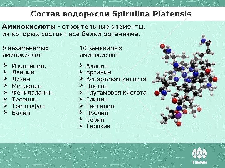 Состав водоросли Spirulina Platensis Изолейцин. Лейцин Лизин  Метионин Фенилаланин Треонин Триптофан Валин. Аминокислоты