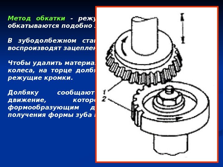   Метод обкатки  - режущий инструмент и заготовка обкатываются подобно звеньям зубчатой