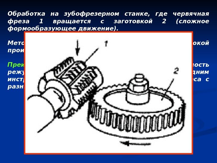   Обработка на зубофрезерном станке,  где червячная фреза 1 вращается с заготовкой