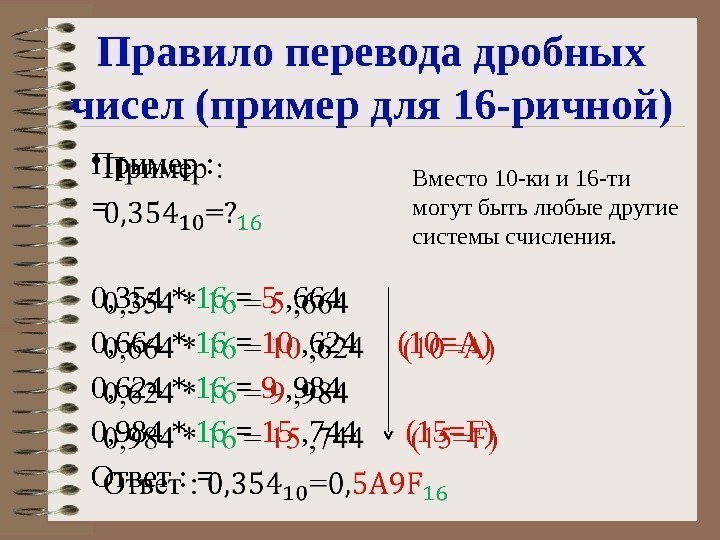 Правило перевода дробных чисел (пример для 16 -ричной) Пример : = 0, 354 *