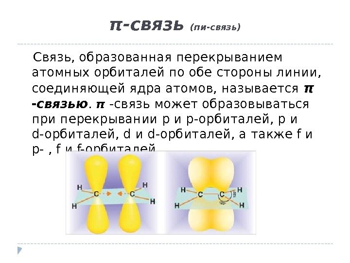 π-связь (пи-связь) Связь, образованная перекрыванием атомных орбиталей по обе стороны линии,  соединяющей ядра