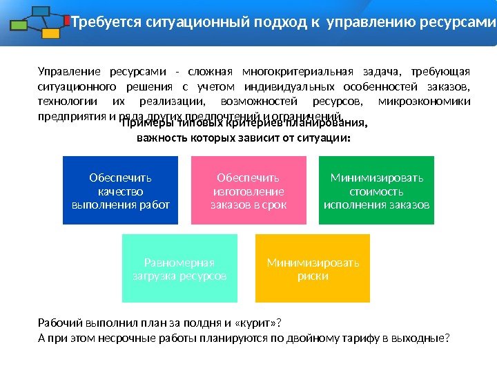 Требуется ситуационный подход к управлению ресурсами Управление ресурсами - сложная многокритериальная задача,  требующая