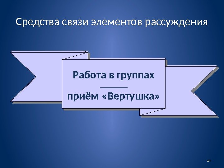 Средства связи элементов рассуждения Работа в группах _________ прием «Вертушка» 14 Работа в группах