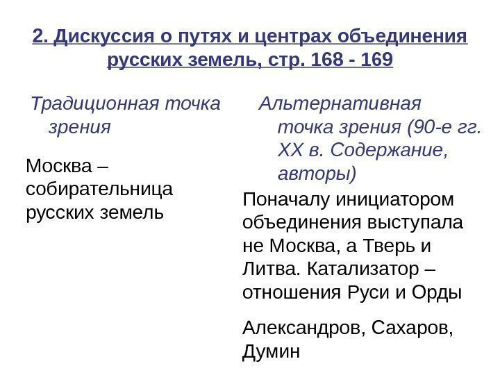  2. Дискуссия о путях и центрах объединения русских земель, стр. 168 -