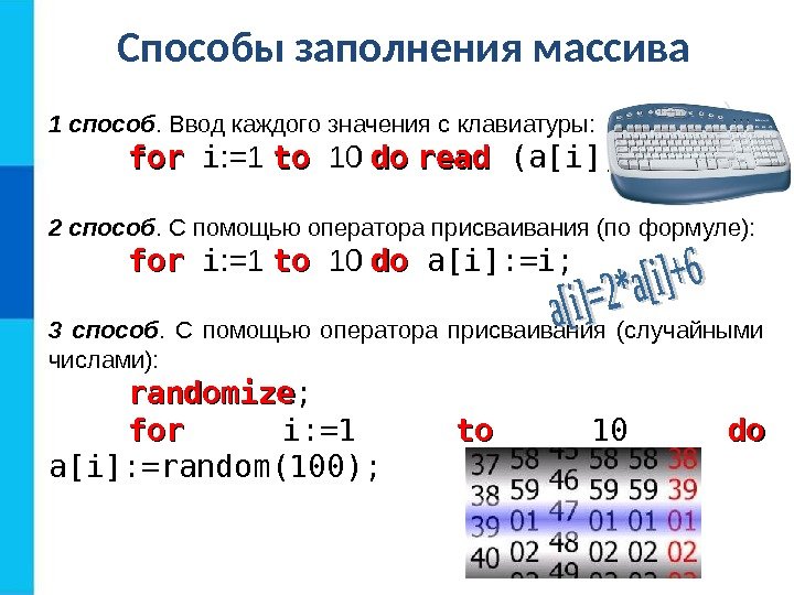 Способы заполнения массива 1 способ. Ввод каждого значения с клавиатуры: forfor i : =1