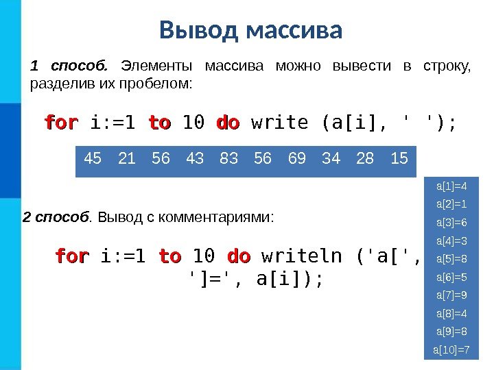 Вывод массива 1 способ.  Элементы массива можно вывести в строку,  разделив их