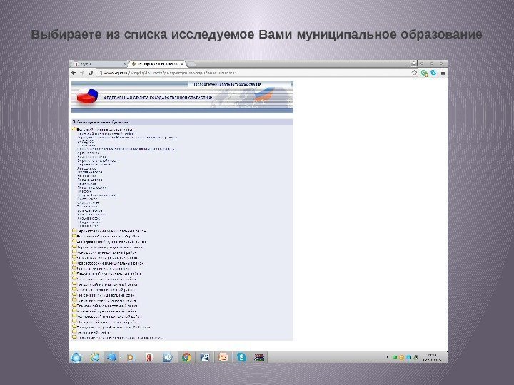 Выбираете из списка исследуемое Вами муниципальное образование 