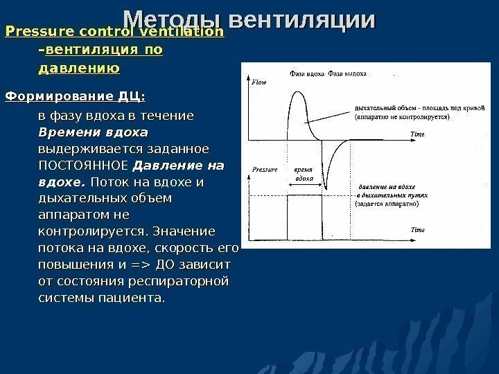 Методы вентиляции Pressure control ventilation  –– вентиляция  по по давлению Формирование ДЦ: