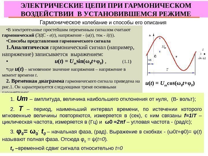 1 ЭЛЕКТРИЧЕСКИЕ ЦЕПИ ПРИ ГАРМОНИЧЕСКОМ ВОЗДЕЙСТВИИ В УСТАНОВИВШЕМСЯ РЕЖИМЕ Гармоническое колебание и способы его