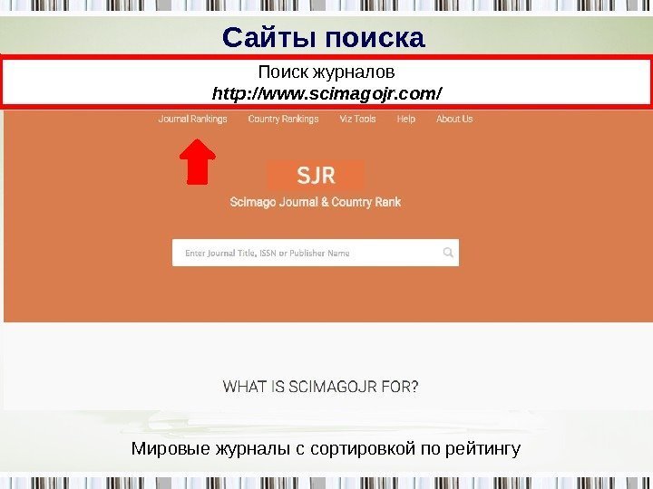 Сайты поиска Поиск журналов http: //www. scimagojr. com/ Мировые журналы с сортировкой по рейтингу