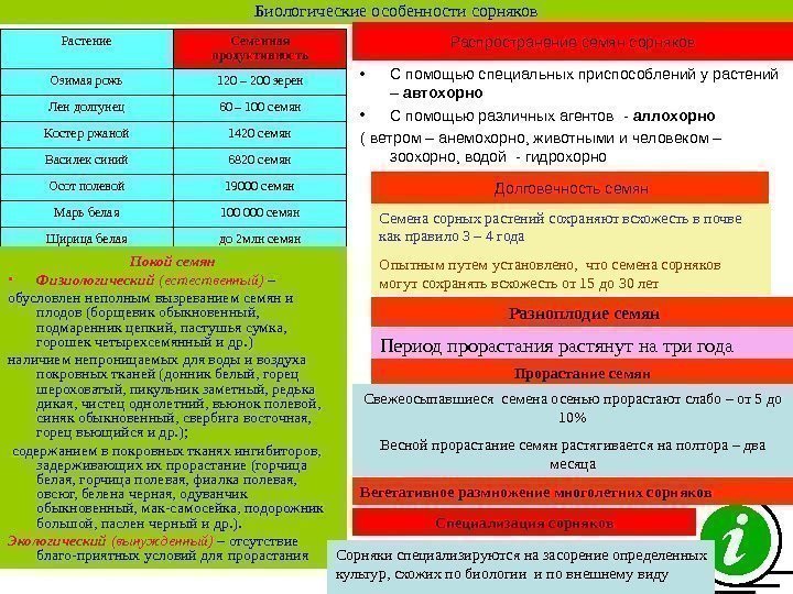   Биологические особенности сорняков Растение Семенная продуктивность Озимая рожь 120 – 200 зерен