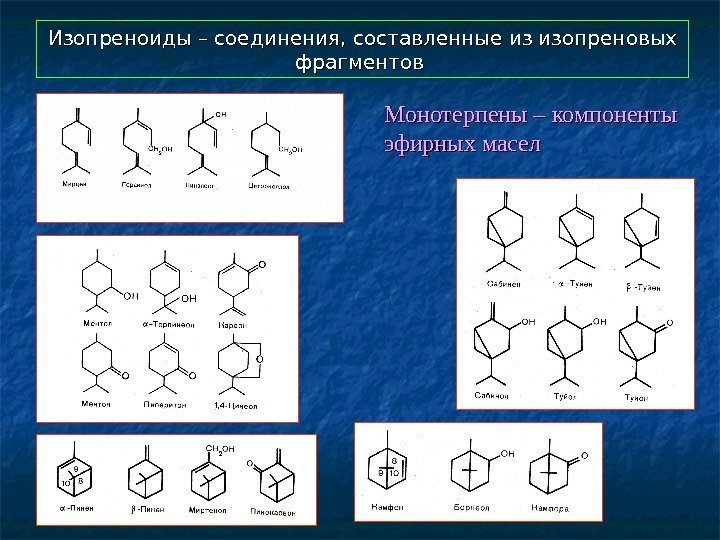  Изопреноиды – соединения, составленные из изопреновых фрагментов Монотерпены – компоненты эфирных масел 