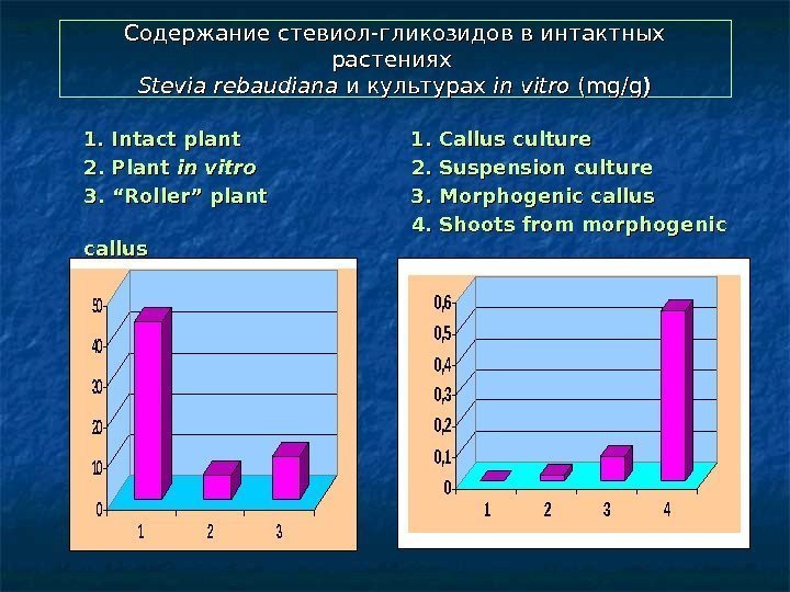   Содержание стевиол-гликозидов в интактных растениях Stevia rebaudiana и культурах in vitro (mg/g
