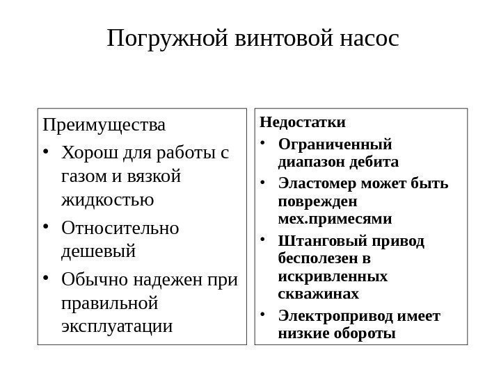 Погружной винтовой насос Преимущества • Хорош для работы с газом и вязкой жидкостью •