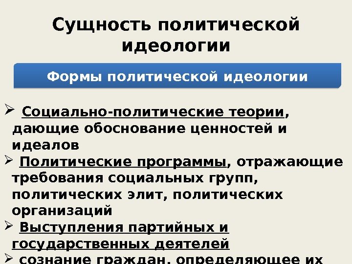 Сущность политической идеологии Формы политической идеологии  Социально-политические теории ,  дающие обоснование ценностей