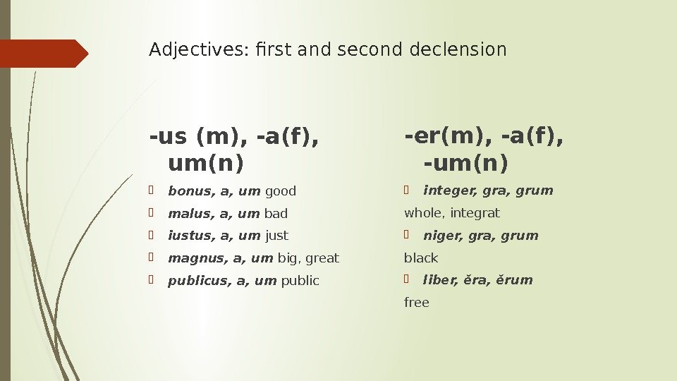 Adjectives: first and second declension -us (m), -a(f),  um(n)  bonus, a, um