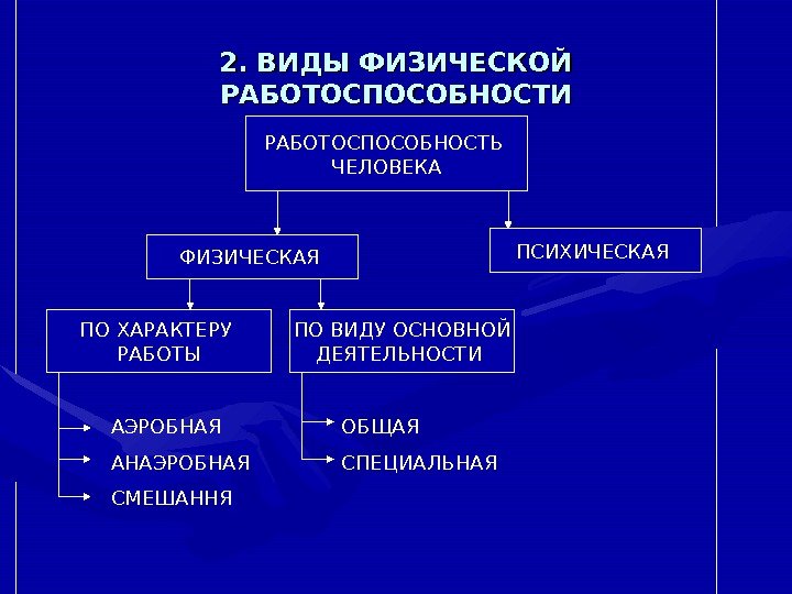 2. ВИДЫ ФИЗИЧЕСКОЙ РАБОТОСПОСОБНОСТИ РАБОТОСПОСОБНОСТЬ ЧЕЛОВЕКА ПСИХИЧЕСКАЯ ФИЗИЧЕСКАЯ ПО ХАРАКТЕРУ РАБОТЫ ПО ВИДУ ОСНОВНОЙ