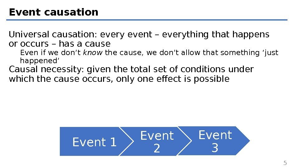 Event causation Universal causation: every event – everything that happens or occurs – has