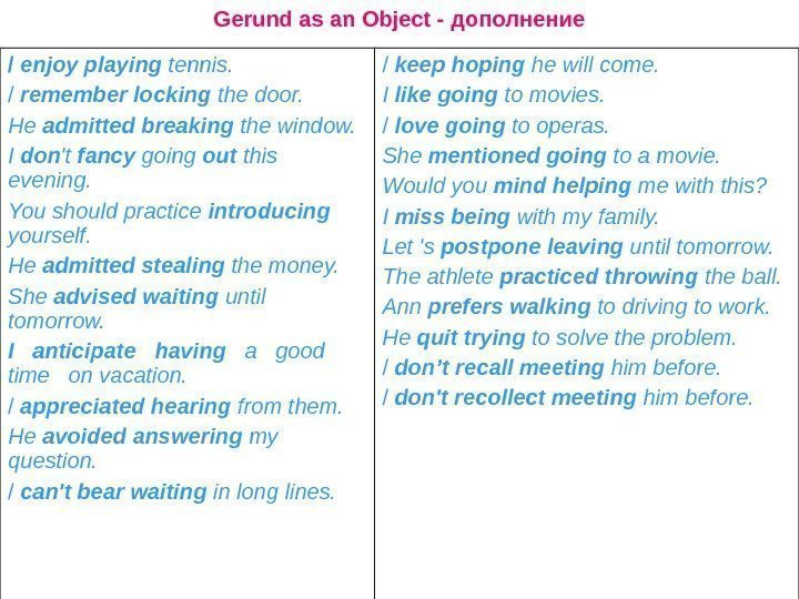   Gerund as an Object - дополнение / enjoy playing tennis. / remember
