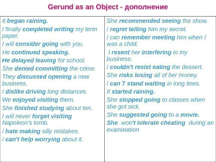   Gerund as an Object - дополнение It began raining. I finally completed