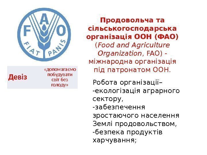 Девіз «допомагаємо побудувати світ без голоду» Продовольча та сільськогосподарська організація ООН (ФАО)  (