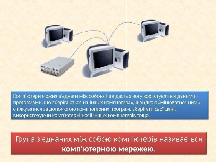 Комп'ютери можна з'єднати між собою, і це дасть змогу користуватися даними і програмами, що