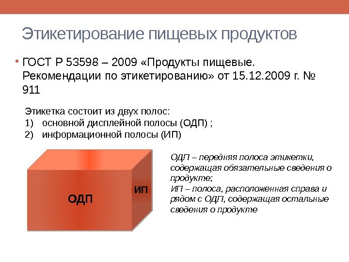 Этикетирование пищевых продуктов • ГОСТ Р 53598 – 2009 «Продукты пищевые.  Рекомендации по