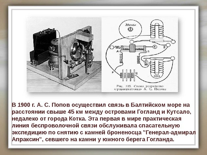 В 1900 г. А. С. Попов осуществил связь в Балтийском море на расстоянии свыше