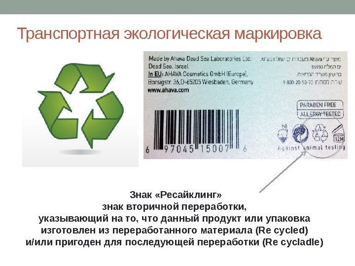Транспортная экологическая маркировка Знак «Ресайклинг» знак вторичной переработки,  указывающий на то, что данный