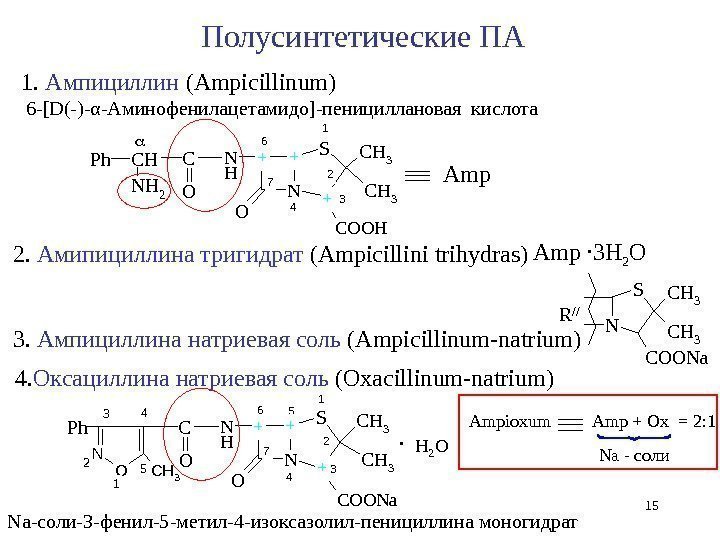 1.  Ампициллин ( Ampicillinum )  6 -[ D (-)-α-Аминофенилацетамидо]-пенициллановая кислота. O N