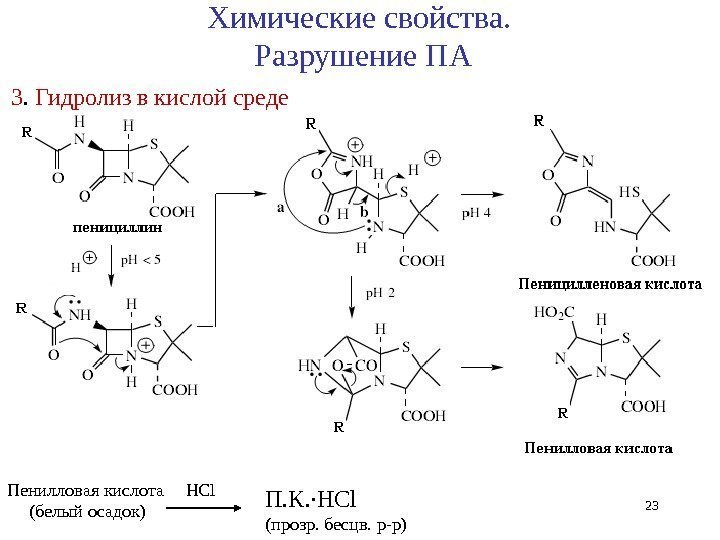 23 Химические свойства.  Разрушение ПА 3.  Гидролиз в кислой среде  HCl.