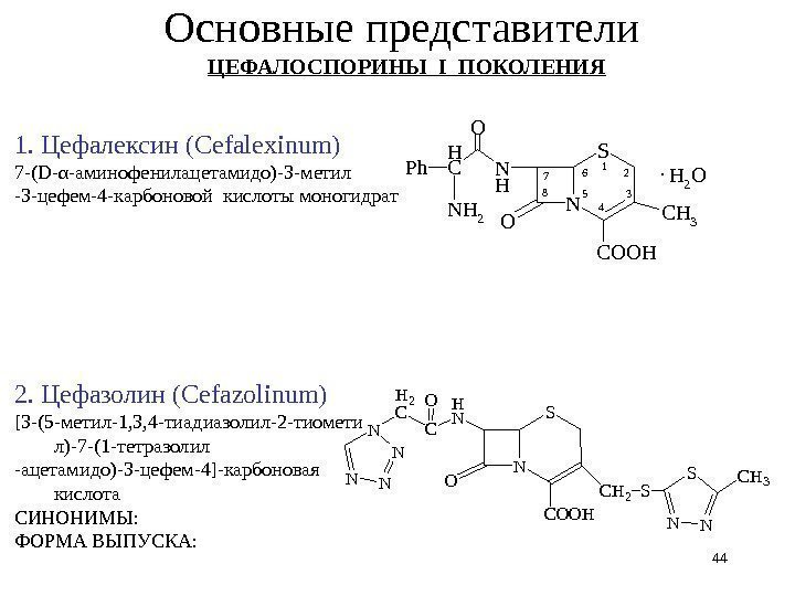 Основные представители 1. Цефалексин ( Cefalexinum ) 7 -( D- α -аминофенилацетамидо)-3 -метил -3