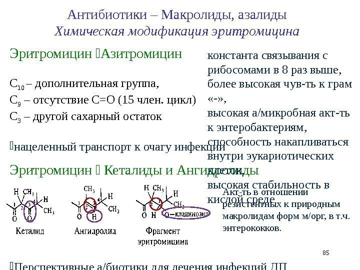 Эритромицин  Азитромицин С 10 – дополнительная группа,  С 9 – отсутствие С=О