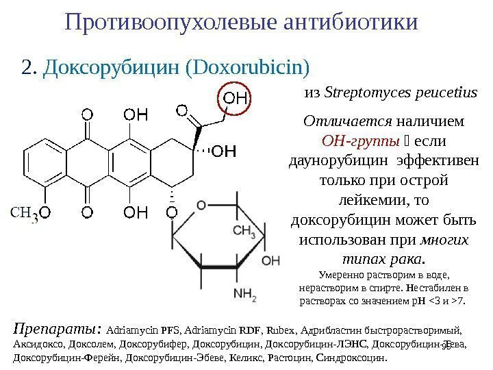 2.  Доксорубицин ( Doxorubicin ) 95 Противоопухолевые антибиотики Препараты:  Adriamycin PFS, Adriamycin