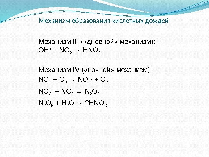 Механизм образования кислотных дождей Механизм III ( «дневной» механизм): OH + + NO 2
