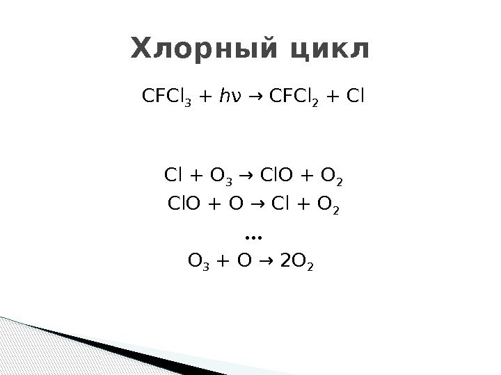 CFCl 3 + h ν → CFCl 2 + Cl Cl + O 3