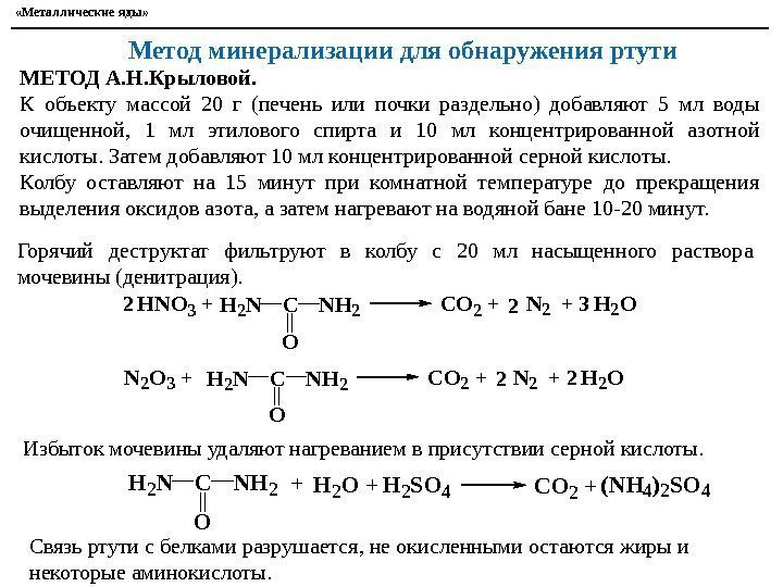  «Металлические яды» Метод минерализации для обнаружения ртути  МЕТОД А. Н. Крыловой. 