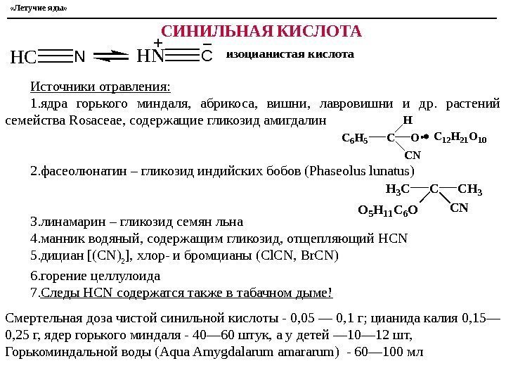 Источники отравления:  1. ядра горького миндаля,  абрикоса,  вишни,  лавровишни и