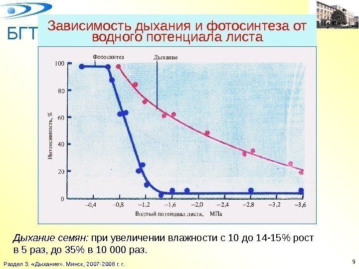 БГТУ Раздел 3.  «Дыхание» . Минск, 2007 -2008 г. r. 9 Зависимость дыхания